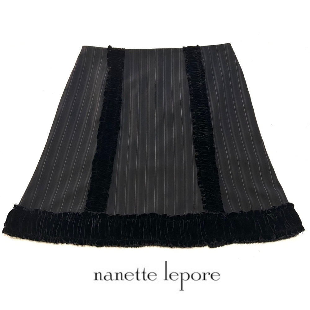 Nanette Lepore Pinstripe and Black Velvet Trim Flared Short Skirt Size 10